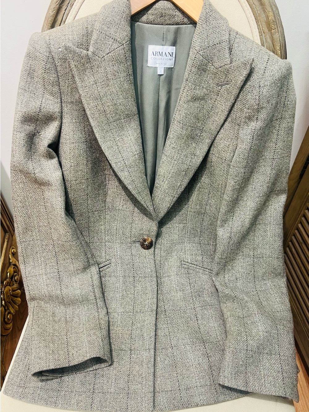 Armani Collezioni Gray Plaid Single-Button Blazer